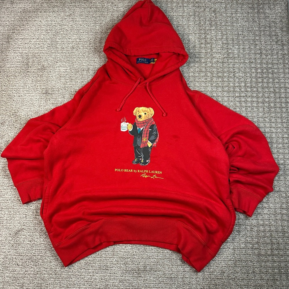 Polo Ralph Lauren Polo Bear Hoodie Mens XL Red Coffee Suit Graphic Sweatshirt - Picture 2 of 8